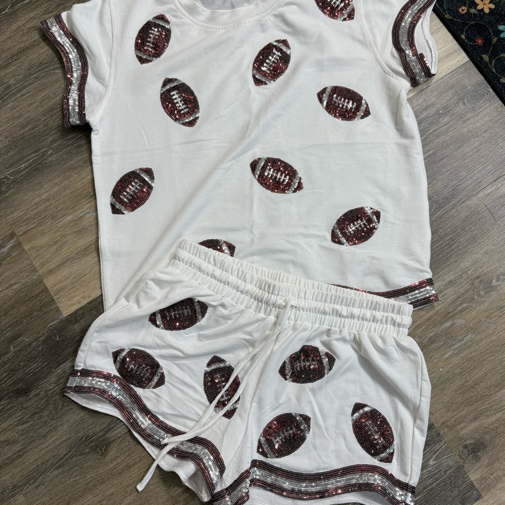 Football Print White T-Shirt and Shorts Set